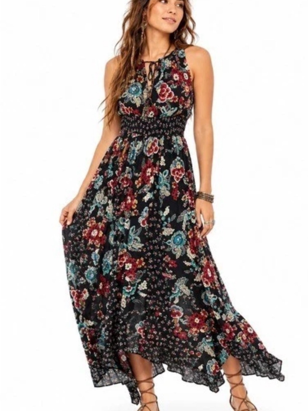 Bila Black Floral Maxi Dress with Smocked Waist